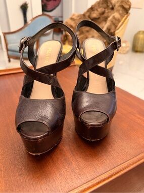 Prada Dark Brown Leather Platform Sandals with Crisscross Straps